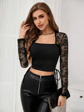 Black Lace Long Sleeve Crop Top and Leather Pants Set Woman T Shirts