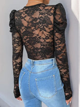 Black Lace Long Sleeve Puff-Sleeve Bodysuit for Women Woman Bodysuits