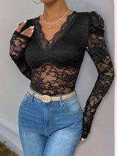 Black Lace Long Sleeve Puff-Sleeve Bodysuit for Women Woman Bodysuits
