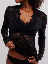 Black Lace Long Sleeve Semi Sheer Top for Women Black Woman T Shirts