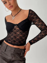 Black Lace Long Sleeve Semi Sheer Top for Women Woman T Shirts