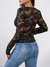 Black Lace Long Sleeve Semi Sheer Top for Women Woman T Shirts