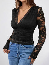 Black Lace Long Sleeve Semi Sheer Top for Women Woman T Shirts