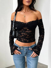 Black Lace Off Shoulder Long Sleeve Top for Women Black Woman T Shirts