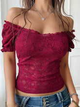 Black Lace Off Shoulder Puff Sleeve Top for Women Burgundy Woman T Shirts