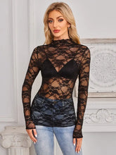 Black Lace Sheer Long Sleeve Top for Women Woman T Shirts