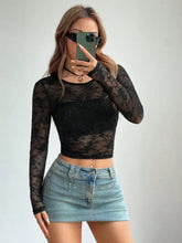 Black Lace Sheer Long Sleeve Top with Denim Mini Skirt for Women Woman T Shirts