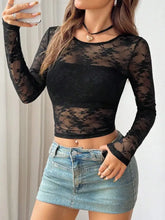 Black Lace Sheer Long Sleeve Top with Denim Mini Skirt for Women Woman T Shirts