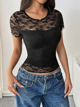 Black Lace Short Sleeve Top for Women Black Woman T Shirts