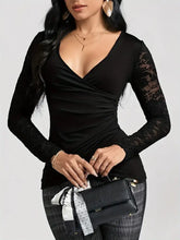 Black Lace Sleeve V-Neck Wrap Top for Women Woman T Shirts