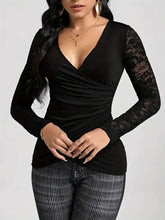 Black Lace Sleeve V-Neck Wrap Top for Women Woman T Shirts