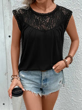 Black Lace Trim Sleeveless Semi Sheer Blouse for Women Woman T Shirts