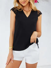 Black Lace Trim V Neck Blouse with Cap Sleeves Woman T Shirts