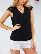 Black Lace Trim V Neck Blouse with Cap Sleeves Woman T Shirts