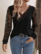 Black Lace Trim V-Neck Semi Sheer Blouse for Women Woman T Shirts