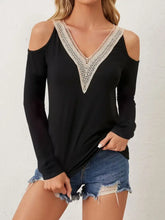 Black Lace V-Neck Cold Shoulder Long Sleeve Top for Women Woman T Shirts