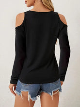 Black Lace V-Neck Cold Shoulder Long Sleeve Top for Women Woman T Shirts