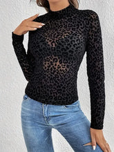 Black Leopard Print Long Sleeve Sheer Top for Women Woman T Shirts