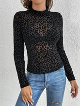 Black Leopard Print Long Sleeve Sheer Top for Women Woman T Shirts