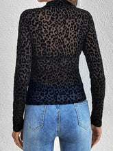 Black Leopard Print Long Sleeve Sheer Top for Women Woman T Shirts