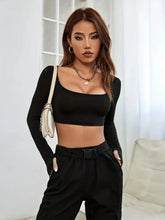 Black Long Sleeve Crop Top with Pants Set for Women Black Woman T Shirts