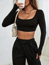 Black Long Sleeve Crop Top with Pants Set for Women Woman T Shirts