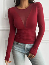 Black Long Sleeve Mesh Paneled Bodysuit Burgundy Woman T Shirts