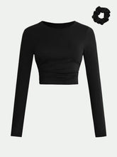 Black Long Sleeve Ruched Crop Top with Matching Scrunchie Black Woman T Shirts