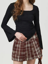 Black Long Sleeve Square Neck Top with Plaid Pleated Skirt Set Black Woman T Shirts