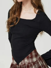 Black Long Sleeve Square Neck Top with Plaid Pleated Skirt Set Woman T Shirts