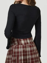 Black Long Sleeve Square Neck Top with Plaid Pleated Skirt Set Woman T Shirts