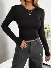 Black Long Sleeve Stretch Crop Top for Women Woman T Shirts