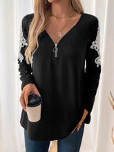 Black Long Sleeve Top with Lace Shoulder Detail and Zipper Woman T Shirts