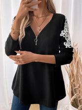 Black Long Sleeve Top with Lace Shoulder Detail and Zipper Woman T Shirts