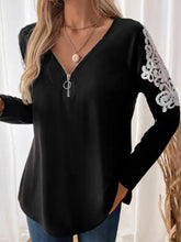 Black Long Sleeve Top with Lace Shoulder Detail and Zipper Woman T Shirts