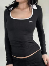 Black Long Sleeve Top with White Collar and Bow Black Woman T Shirts