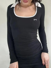 Black Long Sleeve Top with White Collar and Bow Woman T Shirts