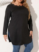Black Long Sleeve Tunic with Embellished Scalloped Neckline Woman T Shirts