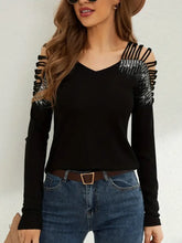 Black Long-Sleeved Top with Rhinestone Shoulder Cutouts Black Woman T Shirts