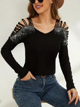 Black Long-Sleeved Top with Rhinestone Shoulder Cutouts Woman T Shirts