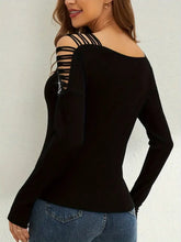 Black Long-Sleeved Top with Rhinestone Shoulder Cutouts Woman T Shirts