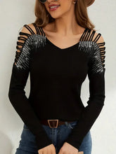 Black Long-Sleeved Top with Rhinestone Shoulder Cutouts Woman T Shirts