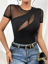 Black Mesh Lace Detail Semi Sheer Bodysuit Woman T Shirts