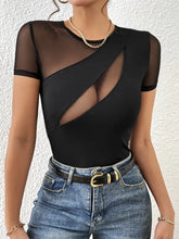 Black Mesh Lace Detail Semi Sheer Bodysuit Woman T Shirts