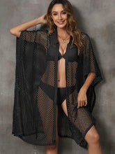 Black Mesh Sheer Swimsuit Cover-Up with Buttons Swimwear Cover-Ups