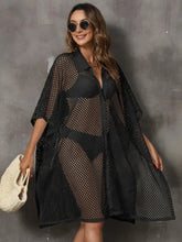 Black Mesh Sheer Swimsuit Cover-Up with Buttons Swimwear Cover-Ups