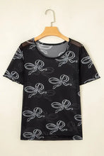 Black Mesh Sheer Top with White Bow Pattern for Women Woman T Shirts