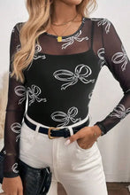Black Mesh Top with White Bow Pattern Black Woman T Shirts