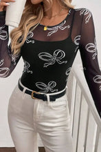 Black Mesh Top with White Bow Pattern Woman T Shirts