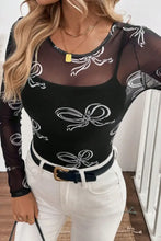 Black Mesh Top with White Bow Pattern Woman T Shirts